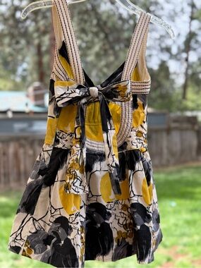 Anthropologie Yellow Black Cream Floral Tie-Back Tank Top